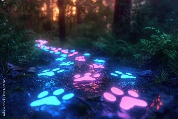 Fototapeta Neon Paw Print Trail A trail of glowing neon paw prints leading through a forest, hinting at a magical creature's presence