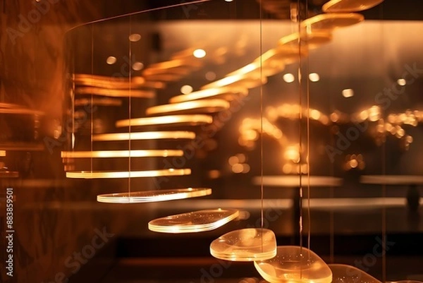 Fototapeta A spiral staircase of glowing acrylic steps suspended in mid-air. The background is a dimly lit room with a focus on the staircase