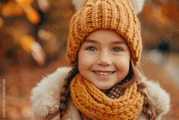 Obraz Autumn mood - Little happy child boy with a smile on fall nature background, Hello autumn, Stylish children kid