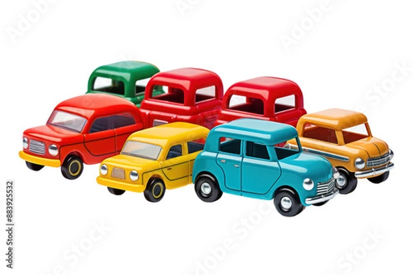 Fototapeta A vibrantly colored and durable toy car set with various vehicles, isolated on white background