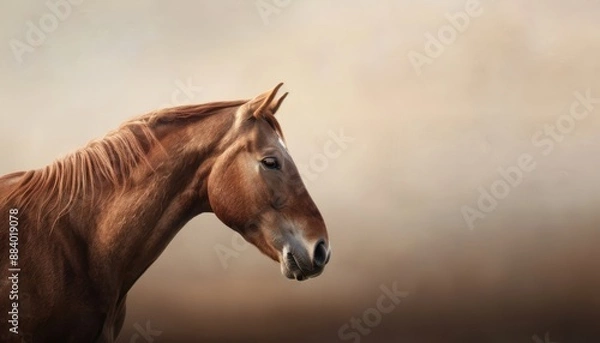 Fototapeta Elegant brown horse facing left against a soft beige background, showcasing its sleek mane and profile.