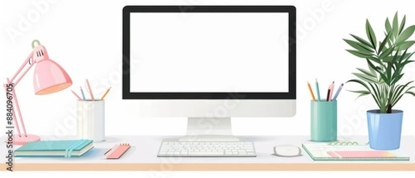 Fototapeta Desk with a desktop computer and stationery