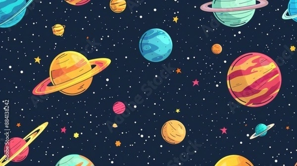 Fototapeta Colorful cartoon planets and stars seamless pattern on dark blue background