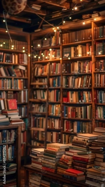 Fototapeta Stacks of books in a library, warm lighting, wooden shelves, cozy atmosphere, front view, detailed and organized