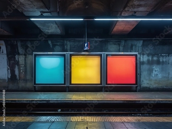 Fototapeta Empty subway station platform with colorful advertising displays at night