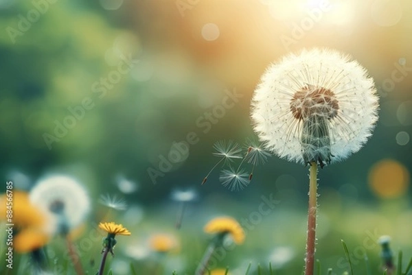 Fototapeta Dandelion on blurred soft fresh background under sunlight