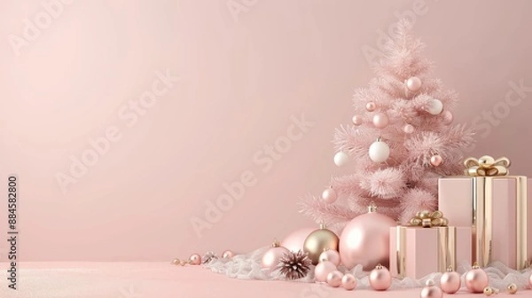 Fototapeta Merry Christmas and New Year. Festive composition. Beautiful pink Christmas design. Fir branches, shiny golden balls, confetti and baubles. Christmas background.