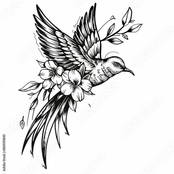 Fototapeta A black and white drawing of a bird with flowers on its wings. The drawing has a serene and peaceful mood