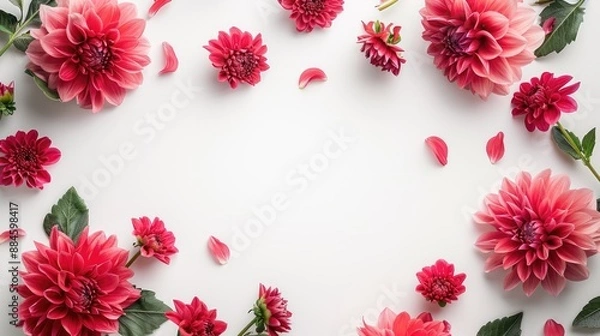 Fototapeta Dahlia flowers on white backdrop with space for text