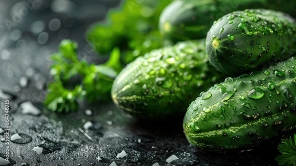 Fototapeta Close-up of fresh cucumbers covered in water droplets, capturing their crisp texture and vibrant green color.