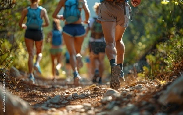 Fototapeta A group of people are running through a forest. The man in the middle is wearing shorts and a backpack