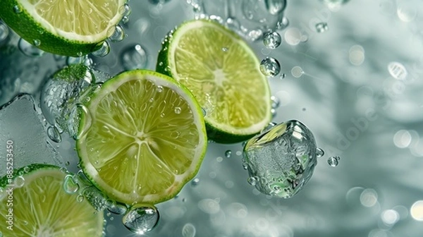 Fototapeta photorealistic close-up of lime slices and ice cubes in water with bubbles perfect for mobile wallpaper