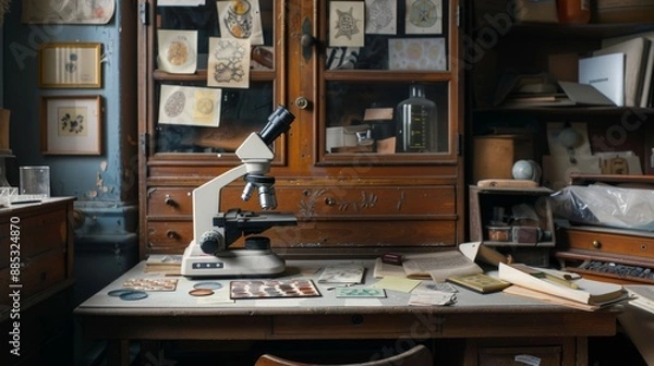 Fototapeta Vintage Microscope on Dusty Desk.