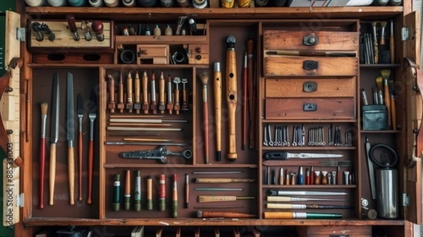 Fototapeta Vintage Wooden Tool Box with Tools and Instruments.