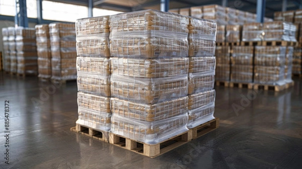 Fototapeta A stack of goods securely wrapped in plastic, organized on a wooden pallet, ready for shipment in a large warehouse.