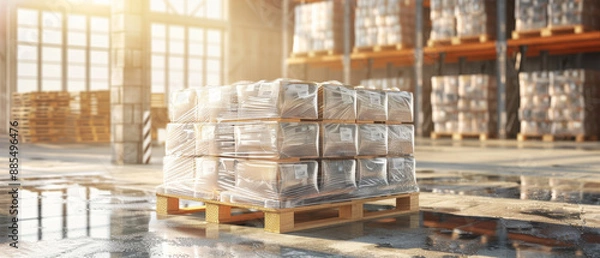 Fototapeta Palets stacked with boxes in a spacious, sunlit warehouse, depicting logistics and organization in a commercial setting.