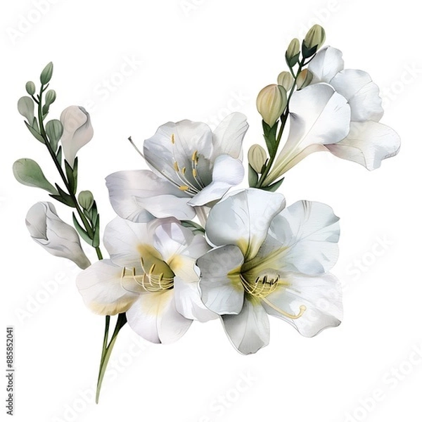 Fototapeta Watercolor White Freesia Isolated on White Background. Beautiful Freesia Flower