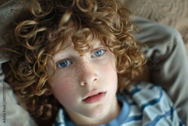 Fototapeta Portrait of young boy with curly red hair and freckles relaxing