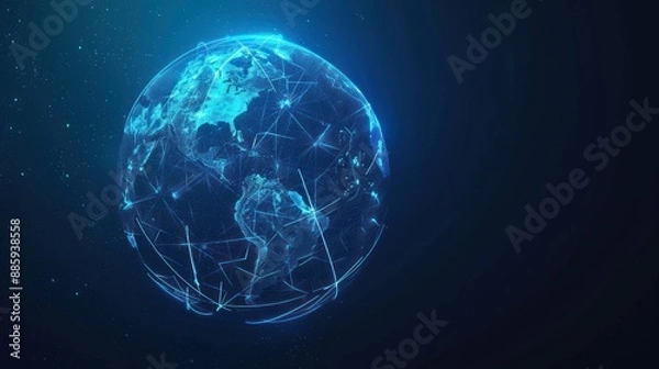 Fototapeta Futuristic globe with abstract connected lines and blue neon color isolated on dark background