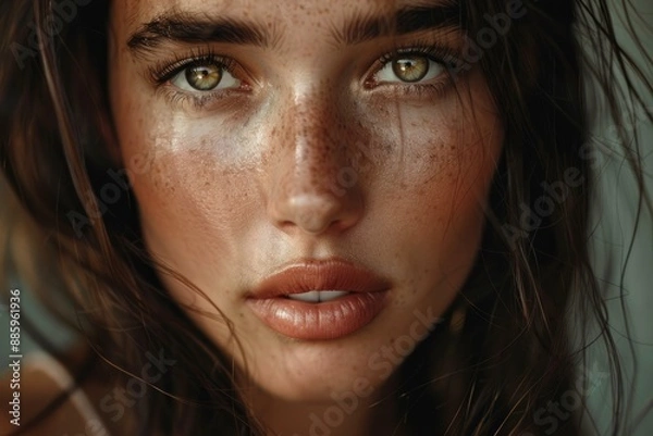 Fototapeta Close up of a young woman with freckles and brown hair