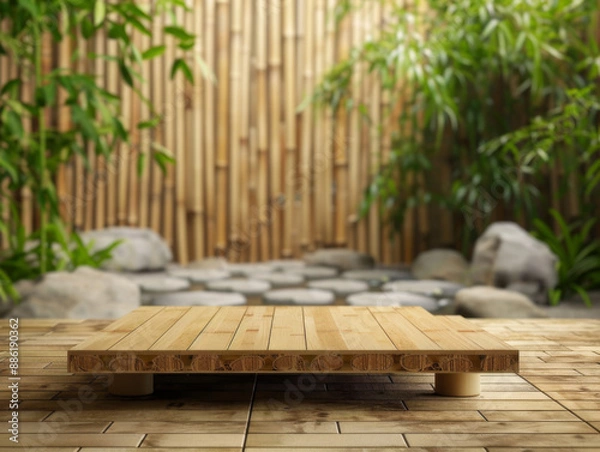 Fototapeta Natural Bamboo Podium, front view focus, with a Zen Garden Background