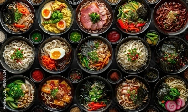 Fototapeta Colorful Japanese Ramen Dishes with Fresh Ingredients and Toppings