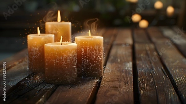 Fototapeta Front view Candles Burning Bright on top wooden wood with background, Impressionist style, soft candle glow, brushstroke textures