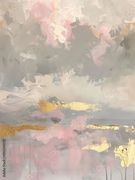 Fototapeta abstract oil painting of an aerial view, gray and light pink landscape with golden details, gold foil accents, atmospheric clouds