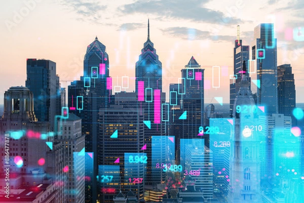 Fototapeta Philadelphia skyline with futuristic holographic overlays, digital art on urban background, concept of technology and security. Double exposure