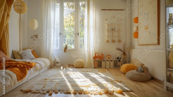 Fototapeta A bright and cheerful room with a yellow tent and a white wall