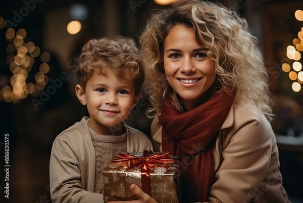 Fototapeta Mother and child hold a Christmas present in their hands.