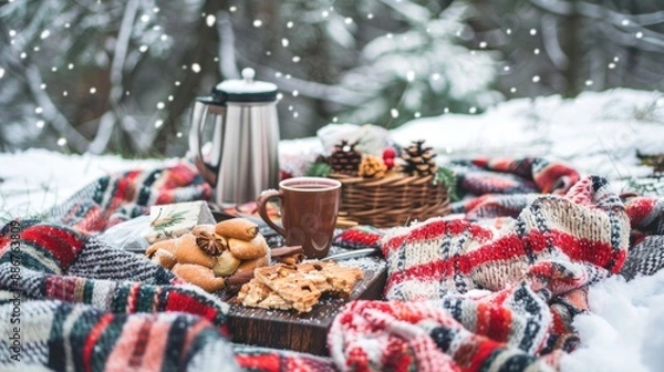 Obraz Bundle up for a winter picnic in the snow, with thermoses of hot cocoa, blankets, and festive snacks to enjoy outdoors 