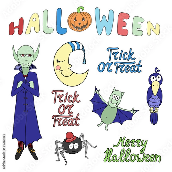 Fototapeta Set of cartoon halloween characters and words isolated on white