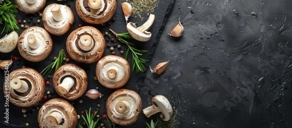 Fototapeta Overhead view of fresh mushrooms seasoned with herbs and spices on a black board, providing copy space image.