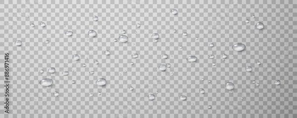 Fototapeta Realistic vector water drops png on a transparent light background. Water condensation on the surface with light reflection and realistic shadow. 3d vector illustration