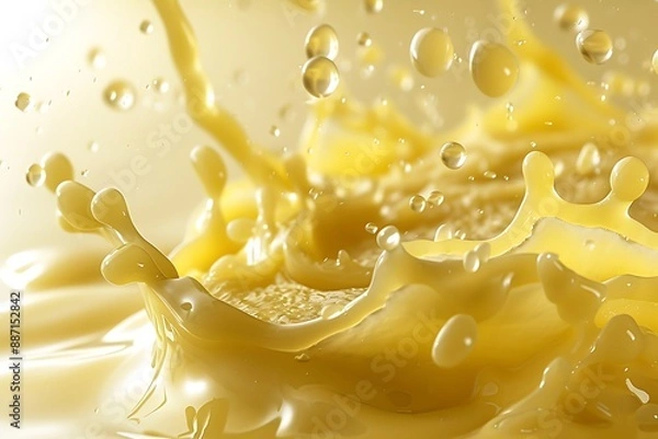 Fototapeta Burst of creamy lemon curd, vibrant yellow tones, intricate mid-air droplets, set against a light background, bright lighting, hd quality, natural look