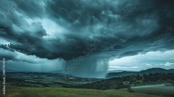 Fototapeta A stormy sky with a large rain cloud in the middle. The sky is dark and gloomy, and the rain is pouring down. Scene is tense and ominous, as if something is about to happen