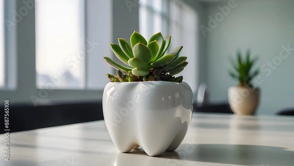 Fototapeta Ceramic white pot in the form of a tooth with a haworth