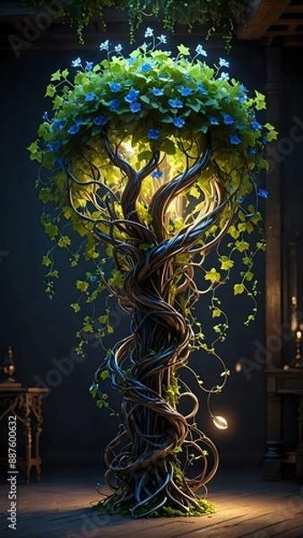 Fototapeta A stylized tree with blue flowers and a glowing light bulb.