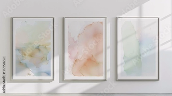 Obraz A trio of minimalistic abstract art posters with watercolor designs, aligned horizontally on a white wall. Each poster showcases fluid, organic watercolor shapes in soft pastel tones, blending art