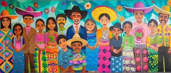 Fototapeta Colorful community mural depicting diverse Hispanic families celebrating together