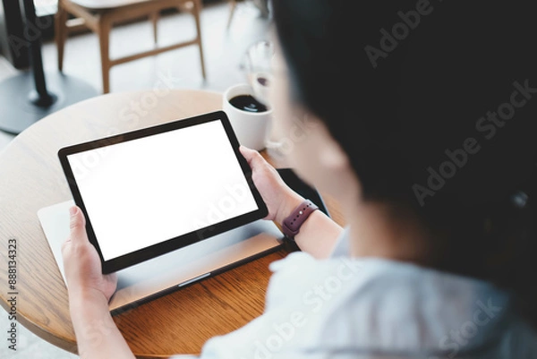 Fototapeta A woman hand showing digital tablet blank screen on work desk in cafe.