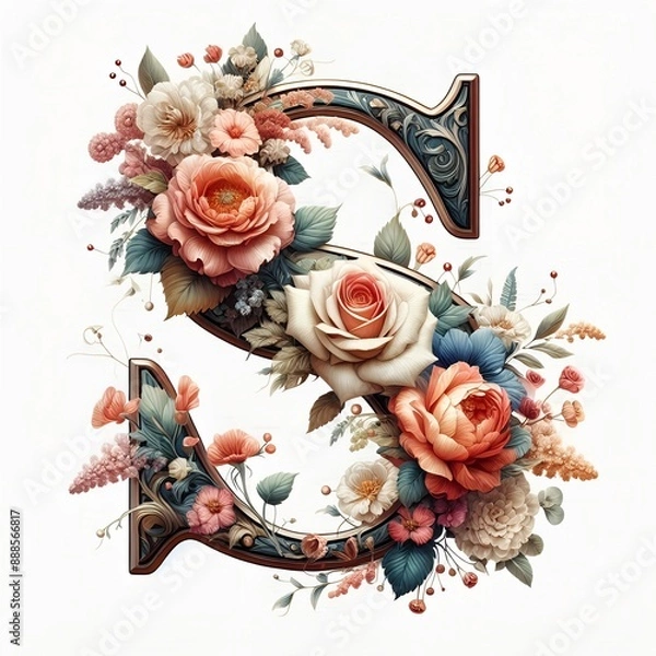 Fototapeta Floral Capital letter S flower elements flower made of flower View of 3d letter