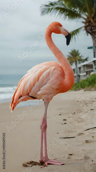 Fototapeta a flamingo standing on the beach with a palm tree in the background