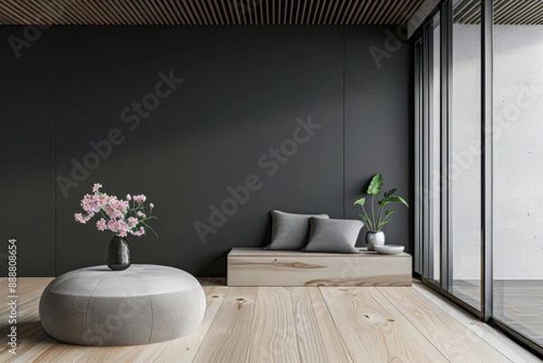 Fototapeta Minimalist zen apartment interiors design in calming colors with minimal furniture and copy space. Oriental inspired Real Estate luxury property.