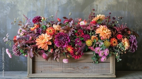 Fototapeta Fall flower arrangement in wooden box with eustomas and chrysanthemums