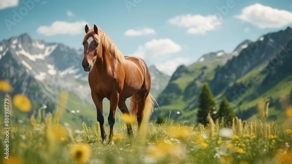 Fototapeta Majestic brown horse in a mountain meadow