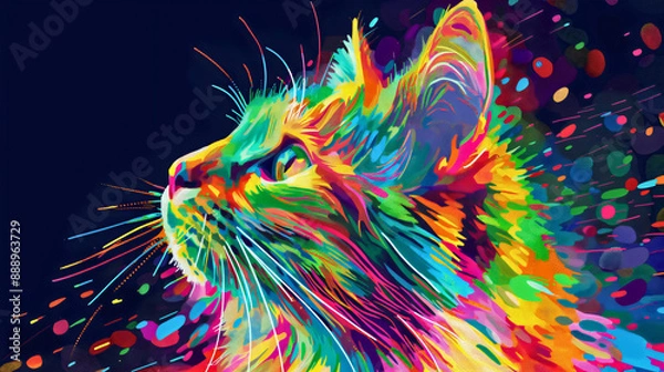 Fototapeta Closeup side profile portrait of young cute British cat in rainbow colors, colorful kitten art illustration, adorable domestic pet, abstract kitty drawing, beautiful young fluffy mammal.