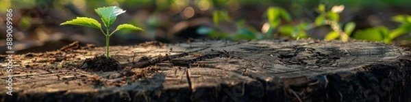 Fototapeta Abstract Young Tree Growing from Old Stump in Spring. Symbol of New Life, Hope, and Renewal. Artistic Design Mockup Template, 4K High-Resolution Wallpaper, AI-Generated Background