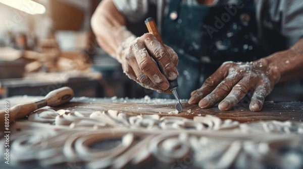 Fototapeta Hands covered in sawdust intricately carving wood, in a workshop filled with wood shavings and tools, capturing the essence of traditional and precise craftsmanship.